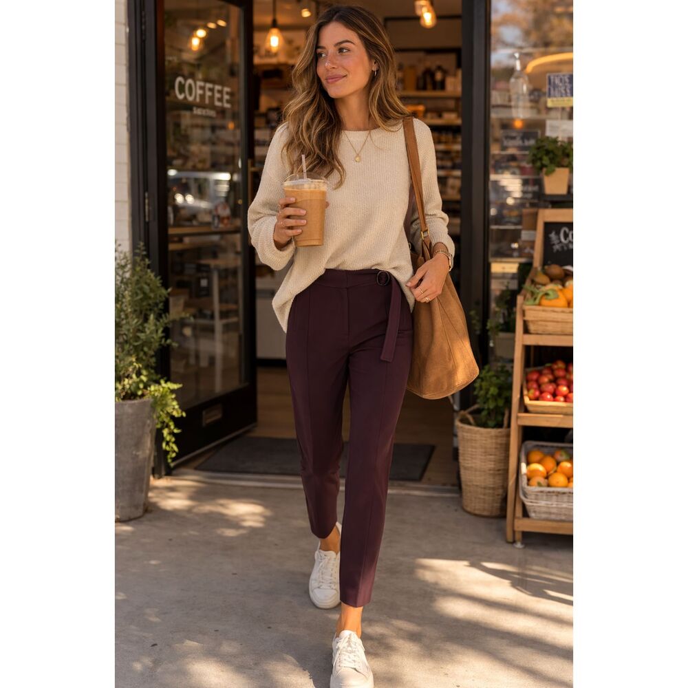 Betabrand Women Size MP Brown Straight Leg Ankle Belted Dress Yoga Pants Office